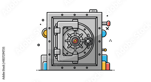 Heavy steel bank vault door with a circular mechanical lock provides high security for valuables in a secure room.