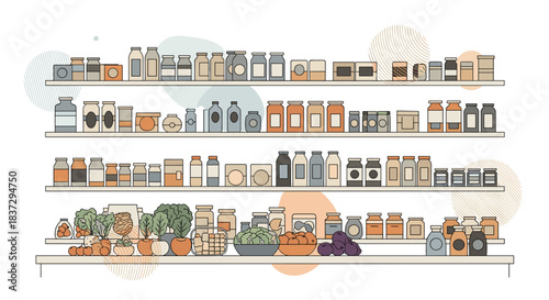 Supermarket aisles are filled with organized rows of jars, bottles, and fresh vegetables on several wooden shelves.