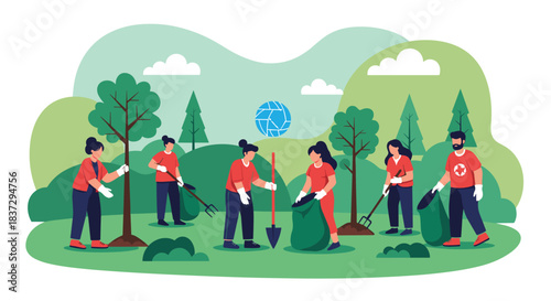 Group of diverse volunteers work together to plant trees and clean up trash in a green park for environmental care.