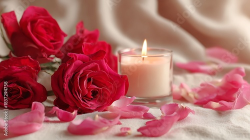 Red Roses and Lit Candle with Petals on Fabric rose petals