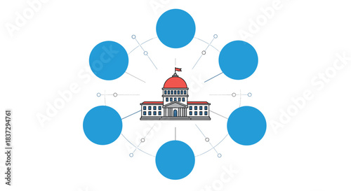 Government building icon serves as a central hub for a network of empty nodes representing administrative systems.