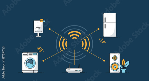 Modern smart home ecosystem connects various household appliances like a washing machine and fridge through WiFi.