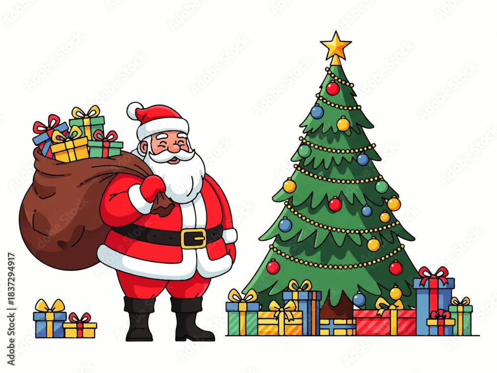 Fototapeta premium Cartoon illustration of Santa Claus with a large sack of gifts standing next to a decorated Christmas tree with more presents.