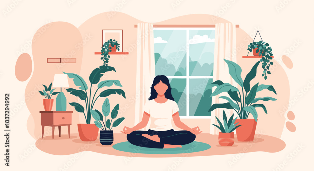 Obraz premium Woman meditating in a peaceful home room filled with diverse green houseplants near a large window for a serene atmosphere.