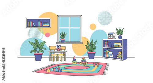 Brightly colored children playroom interior featuring toys, books, plants, a rug, and a small table with chairs for creative activities.
