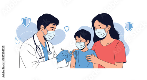 Male doctor wearing a face mask and gloves administering a vaccine to a young child while the mother looks on supportively.