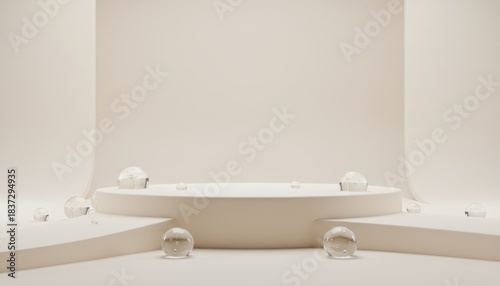 Elegant minimalist display stage with geometric platforms and spheres, perfect for product presentations