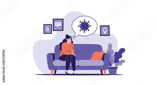 Concerned woman sitting on a sofa at home and thinking about a virus shown in a speech bubble representing health anxiety.
