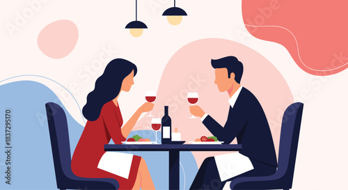 Romantic couple having a candlelit dinner at a restaurant with wine and food while sitting across from each other in a warm setting.