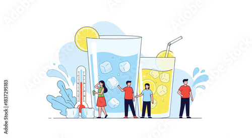 Giant glasses filled with iced water and lemonade with small people around them representing hydration and summer refreshment.