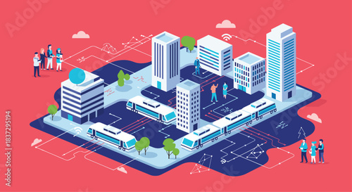 Isometric view of a smart city with modern buildings, electric trains, green parks, and people connected by a digital network.