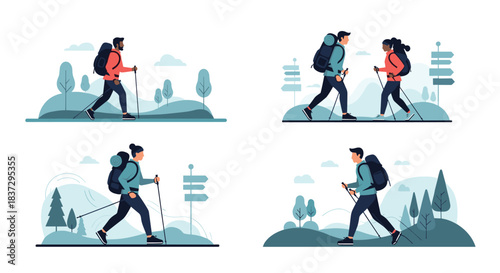 Four separate scenes of diverse individuals engaging in nordic walking and hiking adventures through beautiful scenic landscapes with mountains.