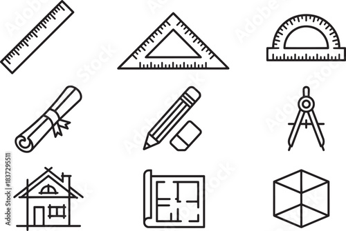 Architecture and engineering tools collection including ruler protractor compass blueprint house cube