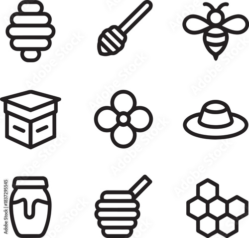 Beekeeping honey production line icons set includes beehive honey dipper and bee