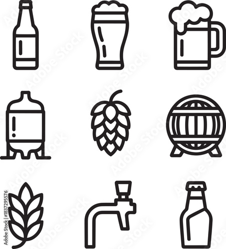 Beer icons set brew brewery craft beer pub ale lager glass bottle mug barrel tap