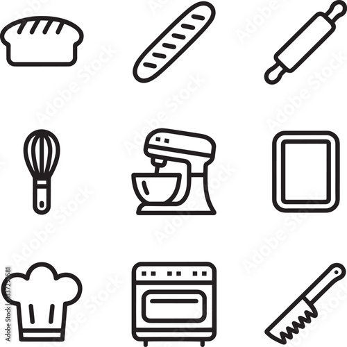Baking outline icon set, bread baguette rolling pin whisk mixer baking pan chef hat oven knife