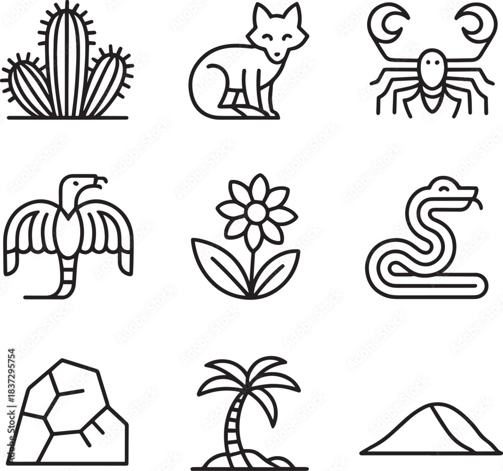 Fototapeta premium Desert nature icons set vector illustration wild west flora and fauna flat line collection