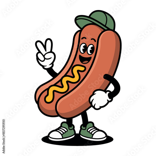 A cheerful cartoon hot dog wearing a baseball cap and giving a peace sign gesture.