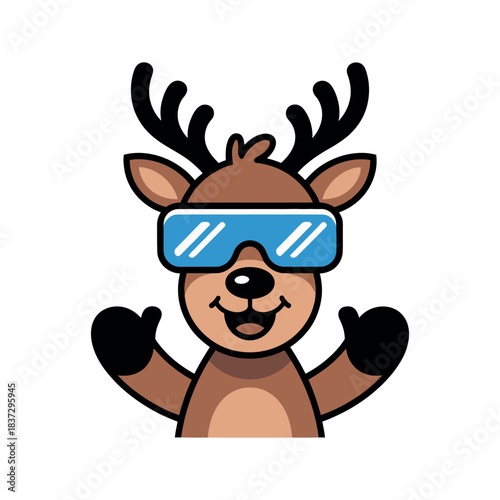 A cartoon reindeer wearing blue virtual reality goggles and black mittens excitedly waves both hands.