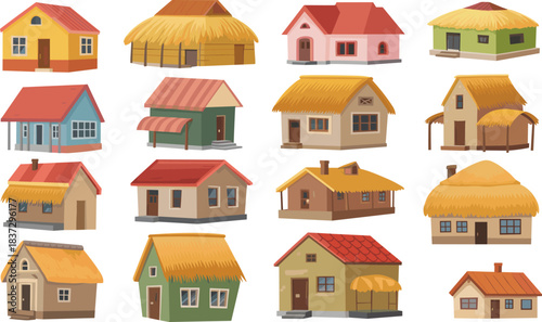 Cartoon house illustration set featuring diverse architectural styles and roof designs for cultural, residential, and design themes.