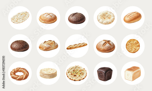 Watercolor Collection of Various Bread, Rolls, and Bakery Products