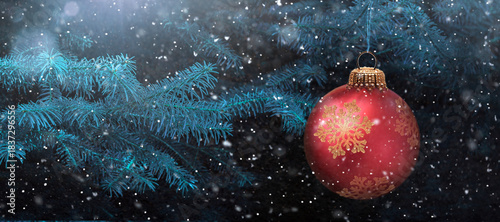 Rote Weihnachtskugel an einem Tannenzweig