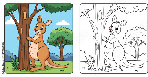 Cute cartoon kangaroo hugging a tree trunk in the forest. Vector illustration of a happy Australian animal loving nature in a green park with blue sky.