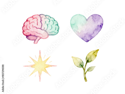Mind, Heart, Spark, and Growth: a watercolor artistic composition showcasing the essential elements of intellect, love, inspiration, and development.