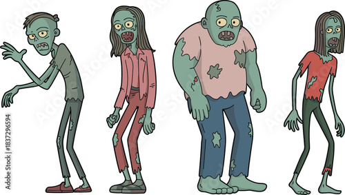Cartoon zombie character set featuring four stylized undead figures with tattered clothing and exaggerated features for horror themes.