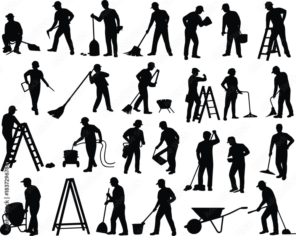Obraz premium Construction worker silhouette set featuring diverse manual tasks and tools for industrial, labor, and design themes.
