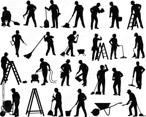 Construction worker silhouette set featuring diverse manual tasks and tools for industrial, labor, and design themes.
