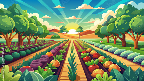 Very beautiful organic garden stretches across tidy rows of vibrant vegetables, thriving under warm sunlight and rich soil. A serene rural scene showcasing natural growth, seasonal abundance, and peac