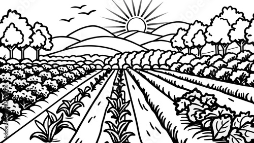 Very beautiful organic garden stretches across tidy rows of vibrant vegetables, thriving under warm sunlight and rich soil. A serene rural scene showcasing natural growth, seasonal abundance, and 