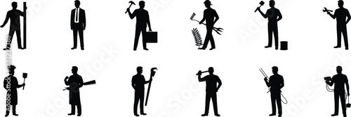 Profession silhouette illustration set featuring diverse skilled workers with tools and attire for career, labor, and educational themes.