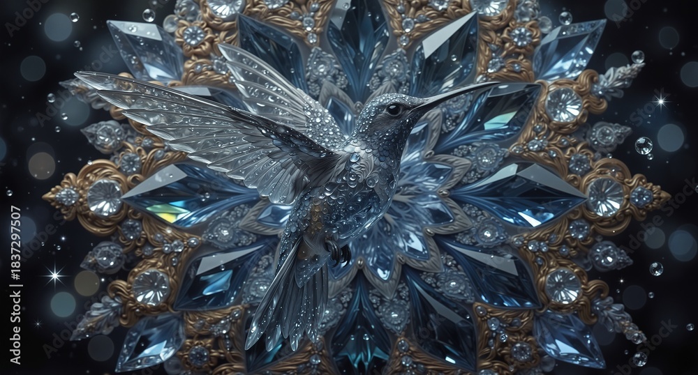 Obraz premium intricate hummingbird with dew drops flying amidst a sparkling crystal floral mandala on a dark background.