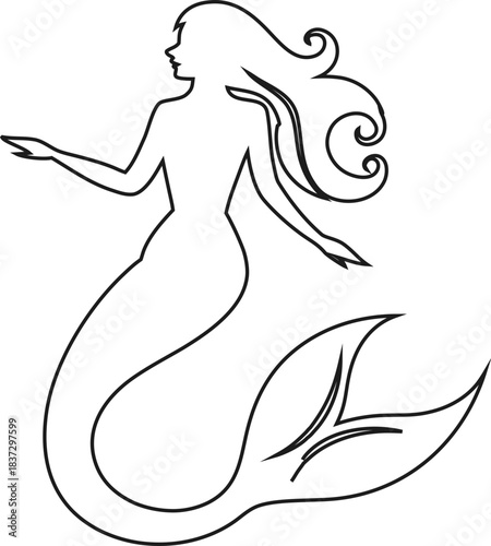 Simple mermaid outline vector symbol designed for ocean graphics, fairy-tale projects, and modern branding.