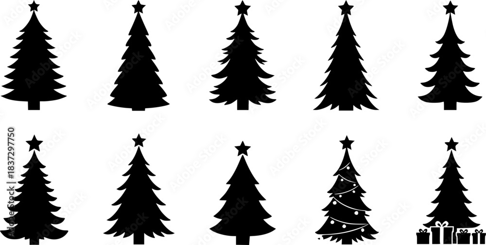 Obraz premium Christmas Trees Pictogram Set. white background black colored sillhouette vector