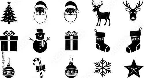Christmas Vector Icon Set, Background, Black, Isolated. 