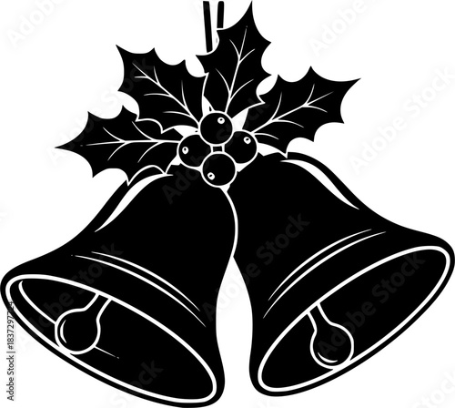 christmas bells with holly vector silhouette. 