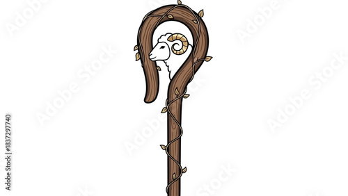 Charming shepherd's crook design featuring a gentle ram head framed by rustic vines perfect for spiritual branding