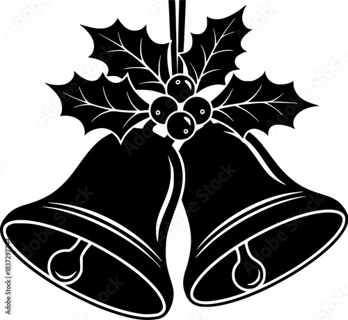 christmas bells with holly vector silhouette. 