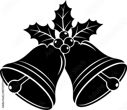 christmas bells with holly vector silhouette. 