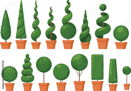 Topiary plant illustration set featuring stylized geometric shapes in terracotta pots for garden, decorative, and design themes.