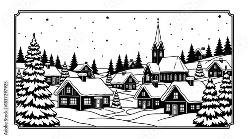 Snowy Christmas Village at Night Winter Scene Black Shape Vector Laser Cutting Engraving Monochrome Print. 