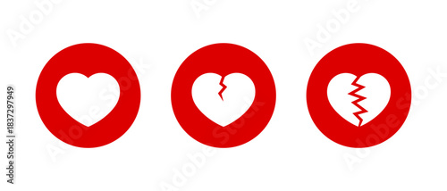 Heart and heartbreak icon in red circle. Love and broken heart symbol. Romantic and divorce sign