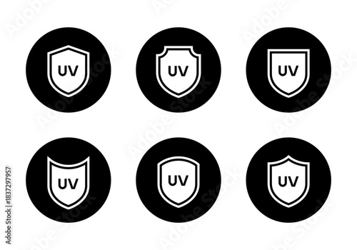 UV protection shield icon set in black circle. Safety, sunblock, and ultraviolet barrier symbol