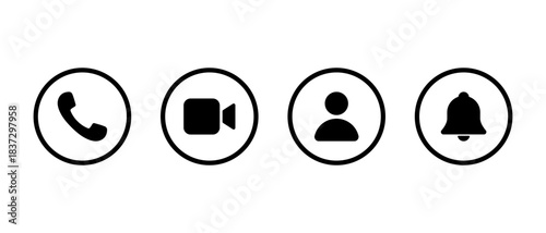 Phone call, video camera, user profile, and notification bell icon in circular outline. Social media communication ui symbol