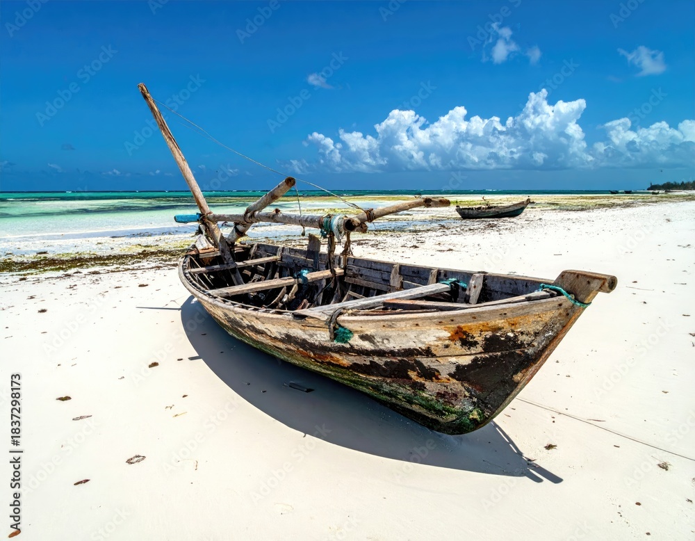 Fototapeta premium Old, beached fishing boat on white sand, turquoise ocean