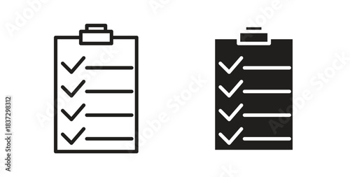 Clipboard check icons in filled, thin line, outline and strokes