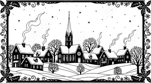Snowy Christmas Village at Night Winter Scene Black Shape Vector Laser Cutting Engraving Monochrome Print. 